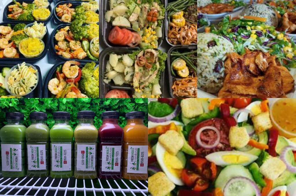 Una variedad de Alimentos nutritivos y jugos saludables.