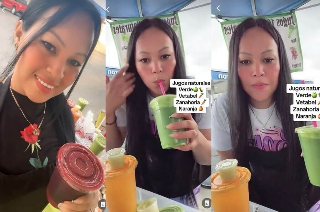 La migrante hondureña sale adelante con una amplia gama de jugos naturales. Fotos de su red social Tiktok @Karenblue31