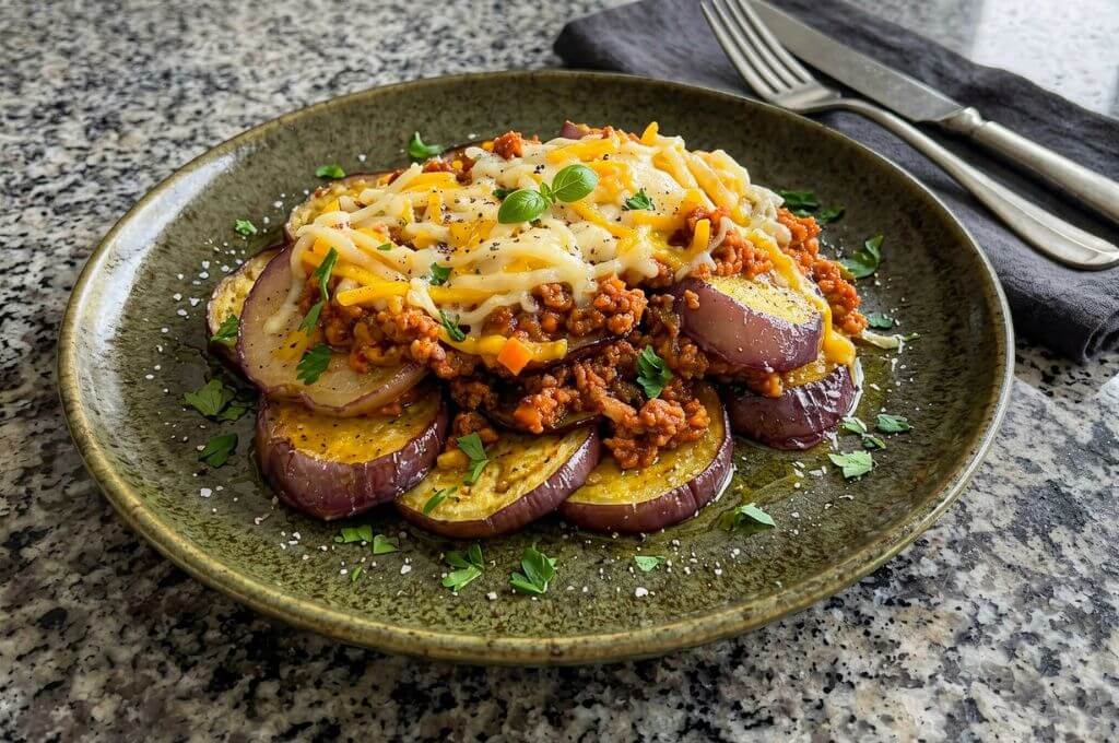 Carne ragú con berenjena con miel y ajo